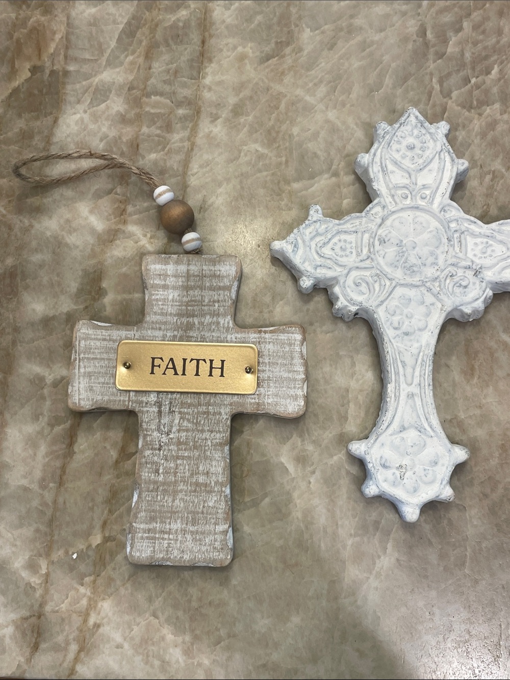 Two crosses.  Wooden 'Faith' Hanging Cross Ornament - Distressed Beige & White